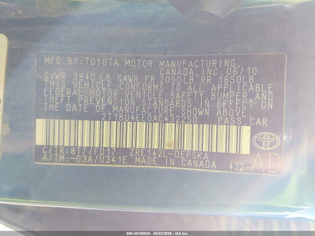 Продаж на аукціоні авто 2010 Toyota Corolla S, vin: 2T1BU4EE0AC432250, номер лоту: 45185528