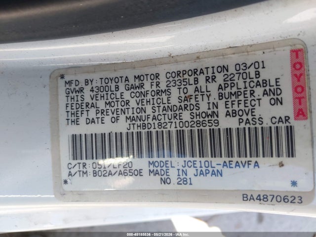 45185536 :رقم المزاد ، JTHBD182710028659 vin ، 2001 Lexus Is 300 مزاد بيع