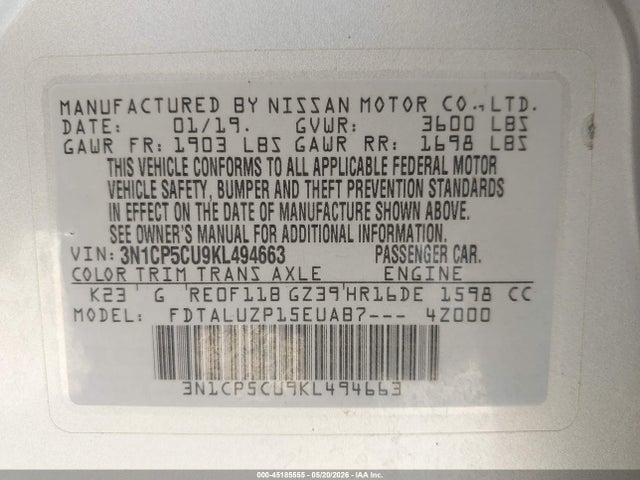 Продажа на аукционе авто 2019 Nissan Kicks Sr, vin: 3N1CP5CU9KL494663, номер лота: 45185555