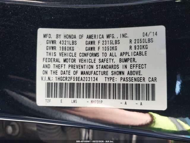 2014 Honda Accord Sport მანქანა იყიდება აუქციონზე, vin: 1HGCR2F59EA203134, აუქციონის ნომერი: 45185561