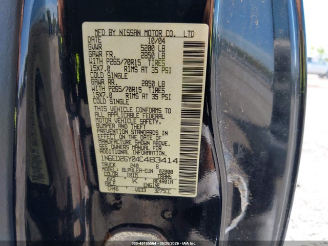 45185564 :رقم المزاد ، 1N6ED26Y04C483414 vin ، 2004 Nissan Frontier Xe-v6 مزاد بيع