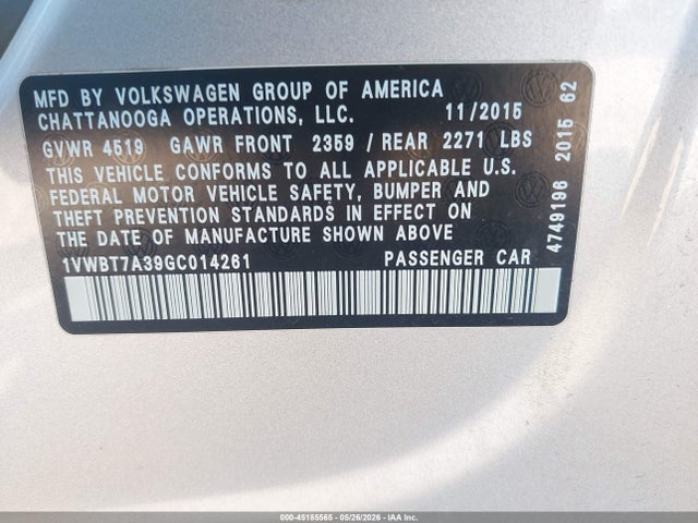 45185565 :رقم المزاد ، 1VWBT7A39GC014261 vin ، 2016 Volkswagen Passat 1.8t Se مزاد بيع