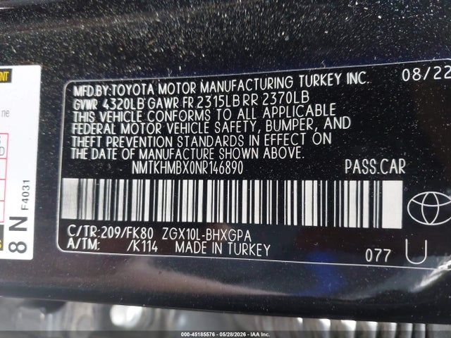Aukcja sprzedaży 2022 Toyota C-hr Xle, vin: NMTKHMBX0NR146890, numer aukcji: 45185576