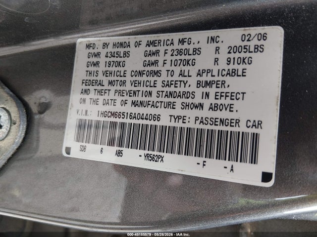 Продаж на аукціоні авто 2006 Honda Accord 3.0 Ex, vin: 1HGCM66516A044066, номер лоту: 45185579