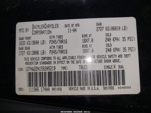 Продажа на аукционе авто 2005 Dodge Dakota St, vin: 1D7HW22N15S205219, номер лота: 45185588