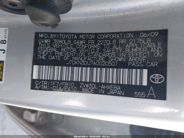 2010 Toyota Prius Iii მანქანა იყიდება აუქციონზე, vin: JTDKN3DU7A0020501, აუქციონის ნომერი: 45185614