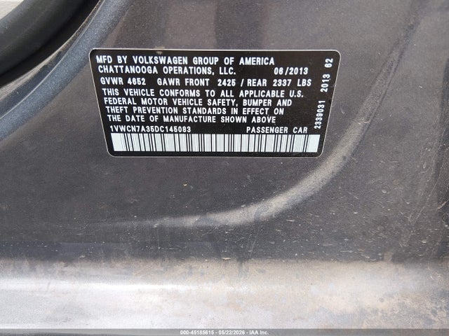 Aukcja sprzedaży 2013 Volkswagen Passat 2.0l Tdi Sel Premium, vin: 1VWCN7A35DC145083, numer aukcji: 45185615