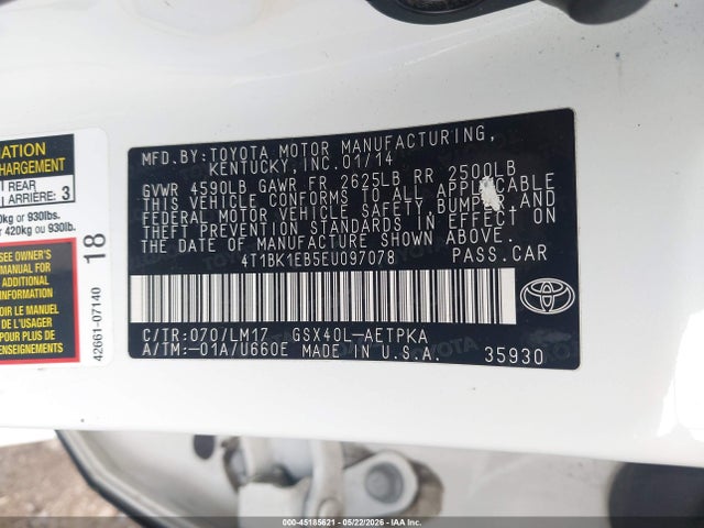 45185621 :رقم المزاد ، 4T1BK1EB5EU097078 vin ، 2014 Toyota Avalon Limited مزاد بيع
