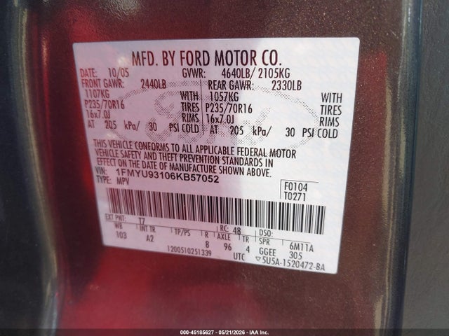 2006 Ford Escape Xlt/xlt Sport მანქანა იყიდება აუქციონზე, vin: 1FMYU93106KB57052, აუქციონის ნომერი: 45185627
