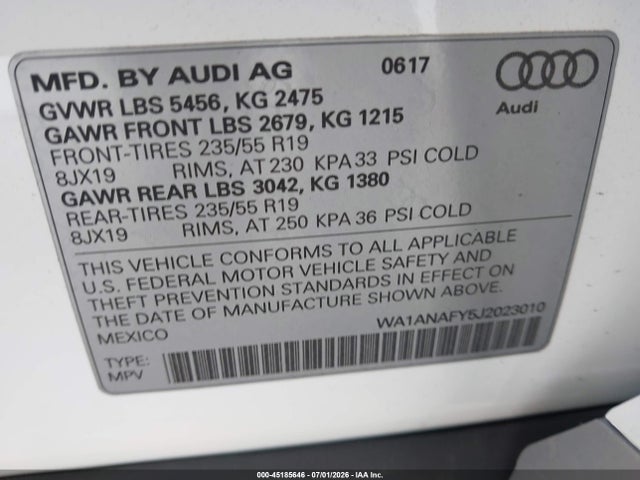 Продажа на аукционе авто 2018 Audi Q5 2.0t Premium/2.0t Tech Premium, vin: WA1ANAFY5J2023010, номер лота: 45185646