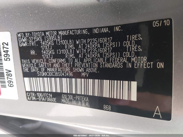 2011 Toyota Sienna Le V6 მანქანა იყიდება აუქციონზე, vin: 5TDKK3DC3BS043496, აუქციონის ნომერი: 45185647
