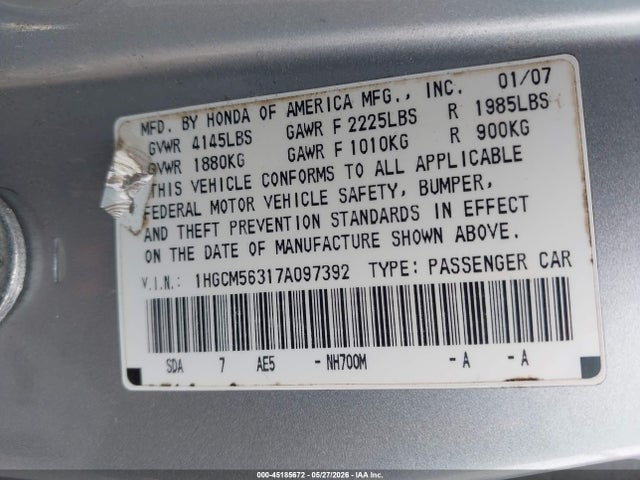 45185672 :رقم المزاد ، 1HGCM56317A097392 vin ، 2007 Honda Accord 2.4 Se مزاد بيع