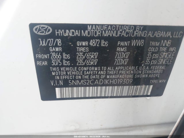 2019 Hyundai Santa Fe Se მანქანა იყიდება აუქციონზე, vin: 5NMS2CAD1KH019309, აუქციონის ნომერი: 45185674