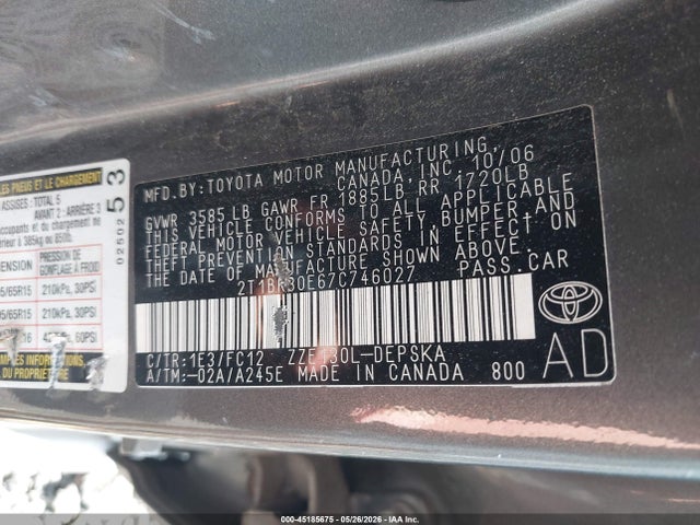 Продажа на аукционе авто 2007 Toyota Corolla S, vin: 2T1BR30E67C746027, номер лота: 45185675