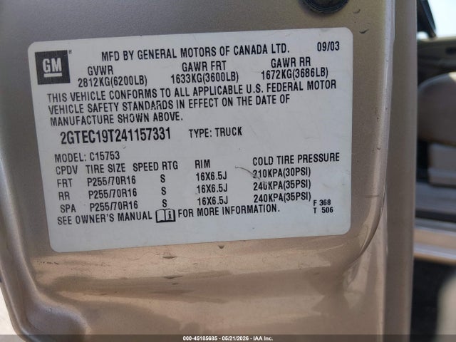 Aukcja sprzedaży 2004 Gmc Sierra 1500 Sle, vin: 2GTEC19T241157331, numer aukcji: 45185685