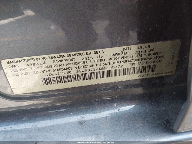 45185700 :رقم المزاد ، 3VWRJ71KX8M145372 vin ، 2008 Volkswagen Jetta Wolfsburg Edition مزاد بيع
