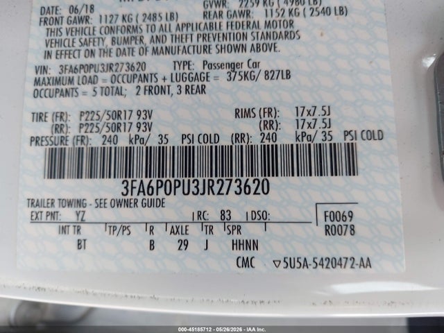 Продажа на аукционе авто 2018 Ford Fusion Energi Se Luxury, vin: 3FA6P0PU3JR273620, номер лота: 45185712