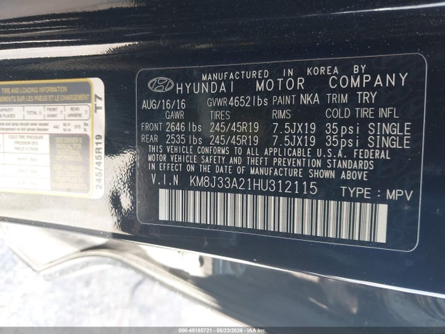 Aukcja sprzedaży 2017 Hyundai Tucson Limited, vin: KM8J33A21HU312115, numer aukcji: 45185721