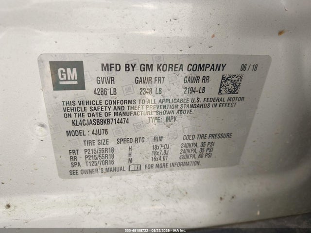 45185722 :رقم المزاد ، KL4CJASB8KB714474 vin ، 2019 Buick Encore Fwd Preferred مزاد بيع
