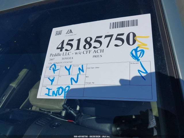 Aukcja sprzedaży 2007 Toyota Prius, vin: JTDKB20U573242342, numer aukcji: 45185750