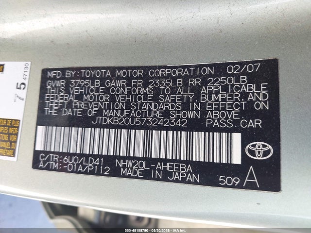 Aukcja sprzedaży 2007 Toyota Prius, vin: JTDKB20U573242342, numer aukcji: 45185750