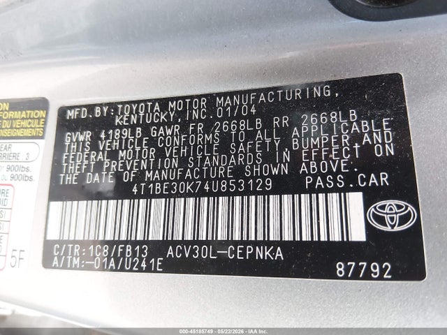 Продаж на аукціоні авто 2004 Toyota Camry Le, vin: 4T1BE30K74U853129, номер лоту: 45185749