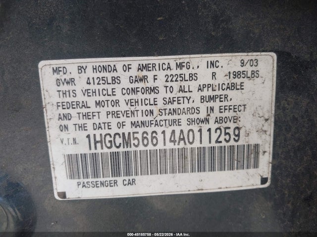 2004 Honda Accord 2.4 Ex მანქანა იყიდება აუქციონზე, vin: 1HGCM56614A011259, აუქციონის ნომერი: 45185758