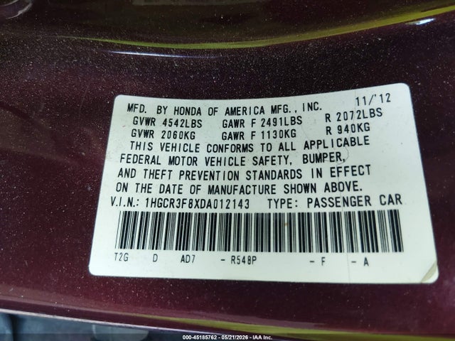 Продажа на аукционе авто 2013 Honda Accord Ex-l V-6, vin: 1HGCR3F8XDA012143, номер лота: 45185762