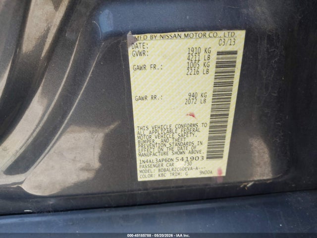 2013 Nissan Altima 2.5 S მანქანა იყიდება აუქციონზე, vin: 1N4AL3AP6DN541903, აუქციონის ნომერი: 45185788