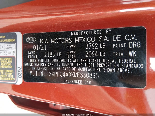 Aukcja sprzedaży 2021 Kia Forte Gt-line, vin: 3KPF34ADXME330865, numer aukcji: 45185792