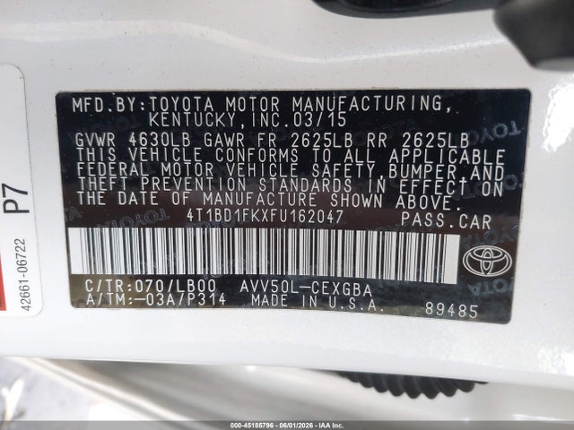 Продажа на аукционе авто 2015 Toyota Camry Hybrid Xle, vin: 4T1BD1FKXFU162047, номер лота: 45185796