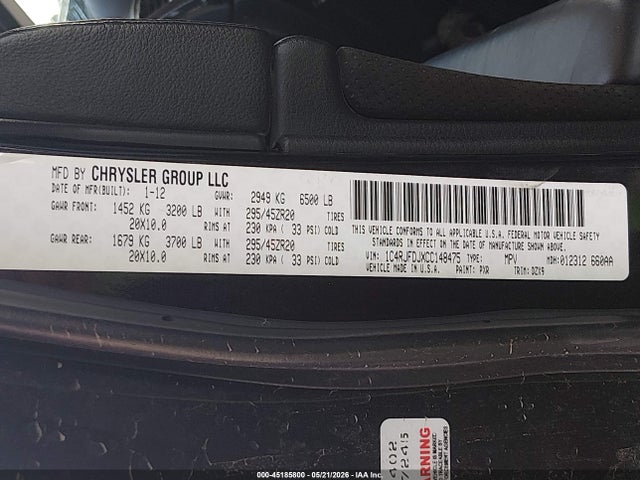 2012 Jeep Grand Cherokee Srt8 მანქანა იყიდება აუქციონზე, vin: 1C4RJFDJXCC148475, აუქციონის ნომერი: 45185800