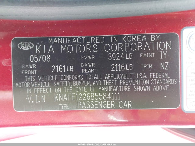 Aukcja sprzedaży 2008 Kia Spectra Ex, vin: KNAFE122685584111, numer aukcji: 45185809