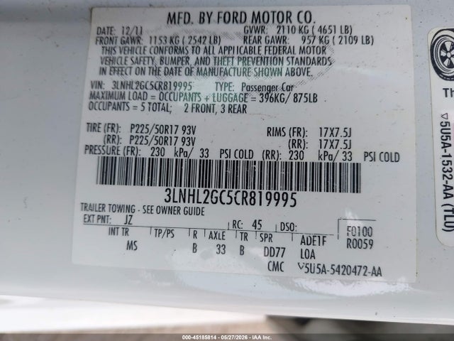 2012 Lincoln Mkz მანქანა იყიდება აუქციონზე, vin: 3LNHL2GC5CR819995, აუქციონის ნომერი: 45185814