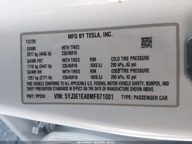 Tesla Model 3 Standard Range Plus Rear-wheel Drive 2021 5YJ3E1EA8MF871001 Image 8