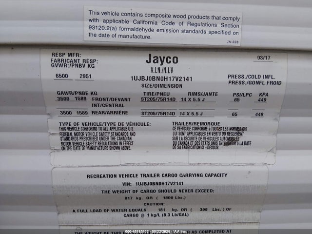 Продаж на аукціоні авто 2017 Jayco 264, vin: 1UJBJ0BN0H17V2141, номер лоту: 45185832