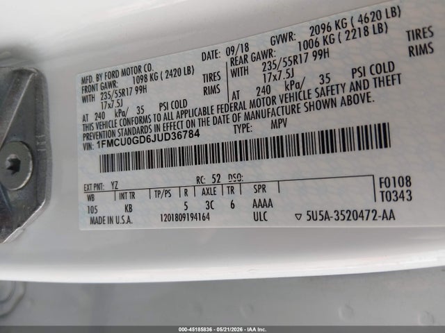 Ford ESCAPE SE 2018 1FMCU0GD6JUD36784 Image 9