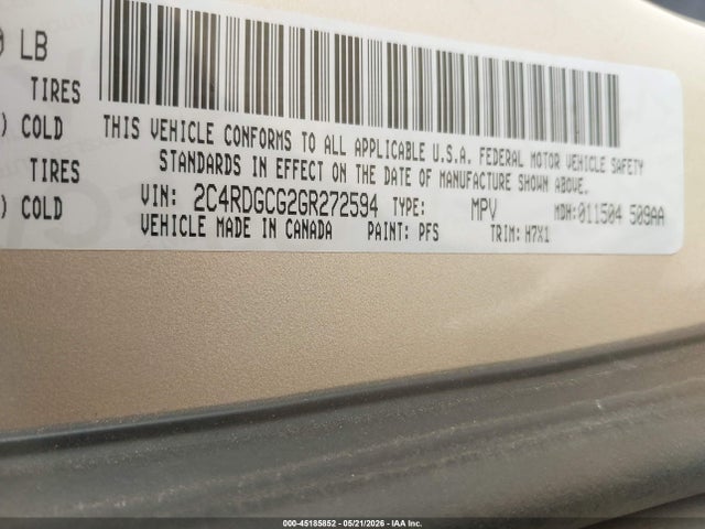Aukcja sprzedaży 2016 Dodge Grand Caravan Sxt, vin: 2C4RDGCG2GR272594, numer aukcji: 45185852