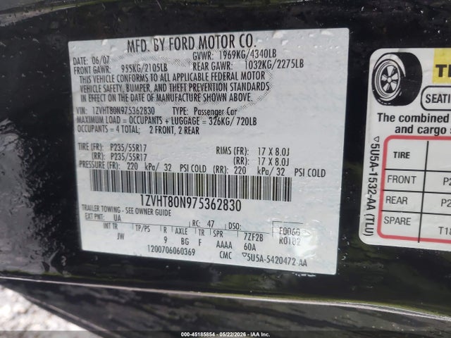 Aukcja sprzedaży 2007 Ford Mustang V6 Deluxe/v6 Premium, vin: 1ZVHT80N975362830, numer aukcji: 45185854