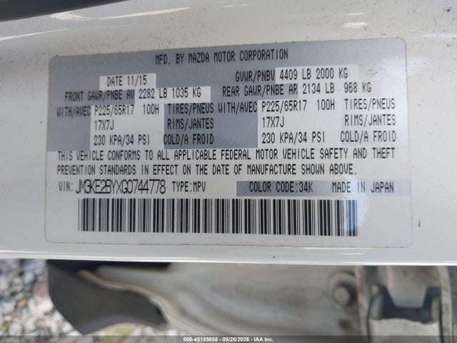 45185858 :رقم المزاد ، JM3KE2BYXG0744778 vin ، 2016 Mazda Cx-5 Sport مزاد بيع