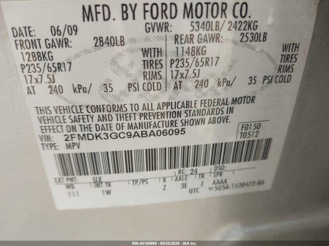 45185865 :رقم المزاد ، 2FMDK3GC9ABA06095 vin ، 2010 Ford Edge Se مزاد بيع