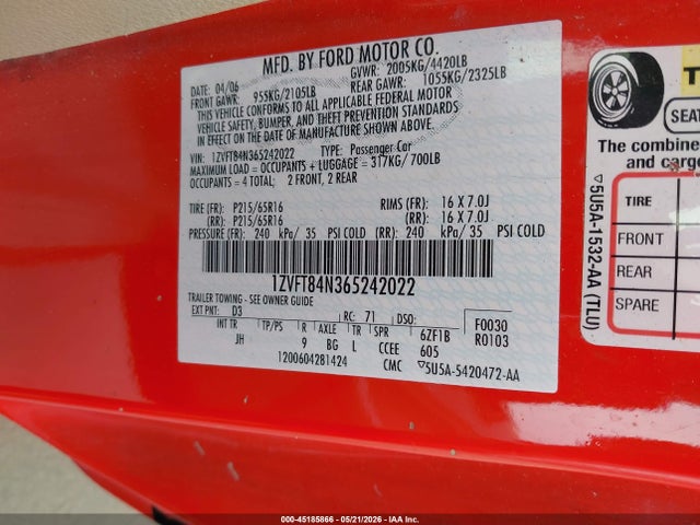 Aukcja sprzedaży 2006 Ford Mustang V6, vin: 1ZVFT84N365242022, numer aukcji: 45185866