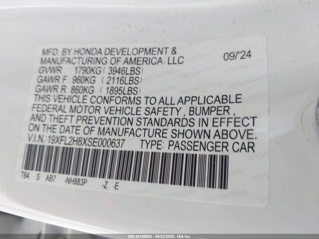 45185883 :رقم المزاد ، 19XFL2H8XSE000637 vin ، 2025 Honda Civic Sedan Sport مزاد بيع