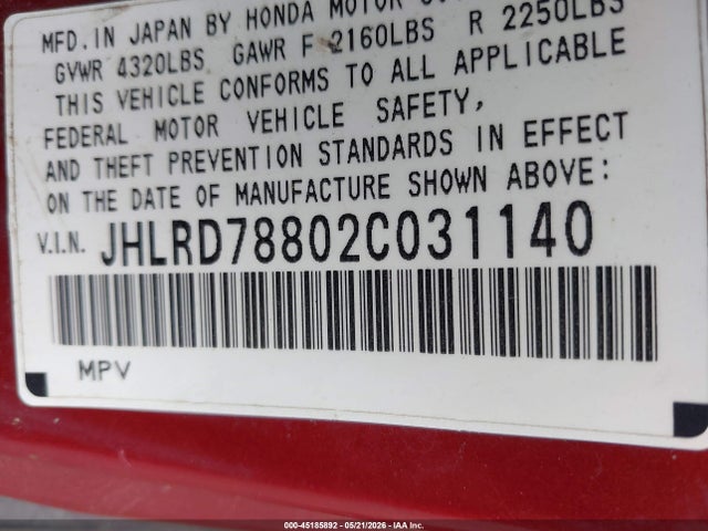 Продажа на аукционе авто 2002 Honda Cr-v Ex, vin: JHLRD78802C031140, номер лота: 45185892