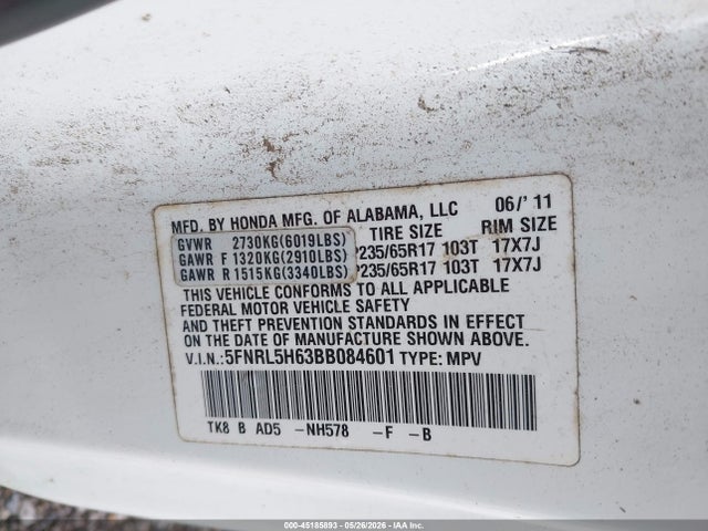 Продаж на аукціоні авто 2011 Honda Odyssey Ex-l, vin: 5FNRL5H63BB084601, номер лоту: 45185893