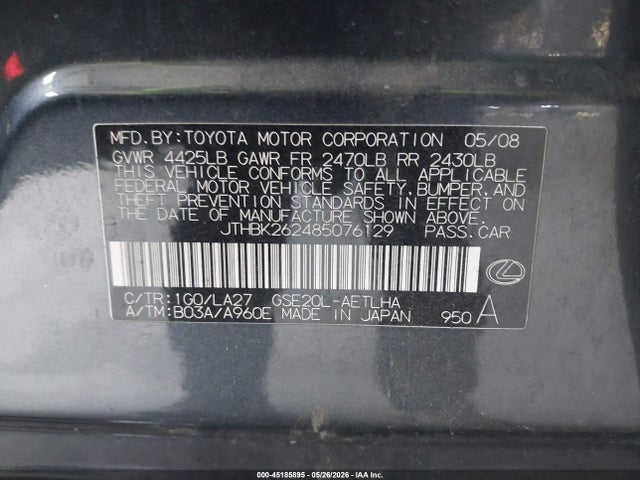 Aukcja sprzedaży 2008 Lexus Is 250, vin: JTHBK262485076129, numer aukcji: 45185895