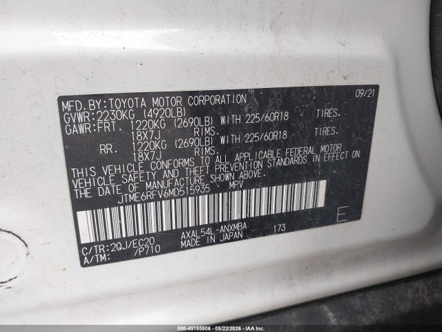 Aukcja sprzedaży 2021 Toyota Rav4 Hybrid Xse, vin: JTME6RFV6MD515935, numer aukcji: 45185906