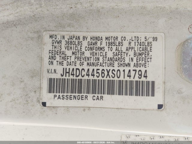 1999 Acura Integra Ls მანქანა იყიდება აუქციონზე, vin: JH4DC4456XS014794, აუქციონის ნომერი: 45185908