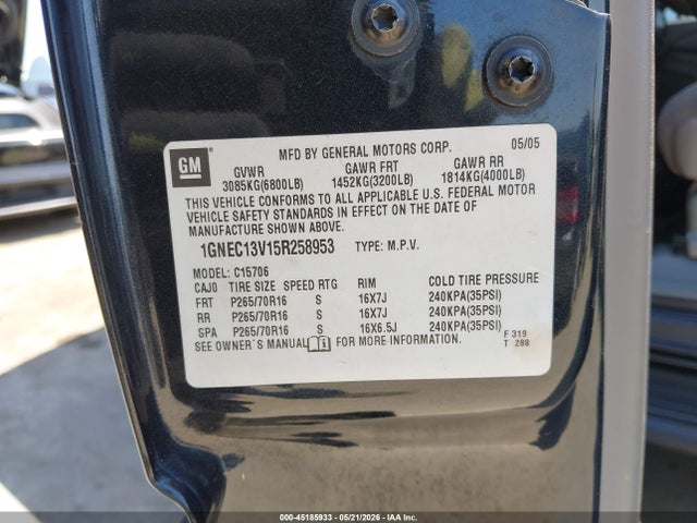 2005 Chevrolet Tahoe Ls მანქანა იყიდება აუქციონზე, vin: 1GNEC13V15R258953, აუქციონის ნომერი: 45185933