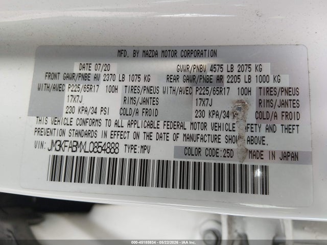 45185934 :رقم المزاد ، JM3KFABMXL0854888 vin ، 2020 Mazda Cx-5 Sport مزاد بيع